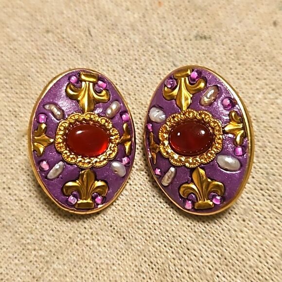 Antique Victorian Bloodstone Seed Pearl OM Austrian Clip-on Earrings